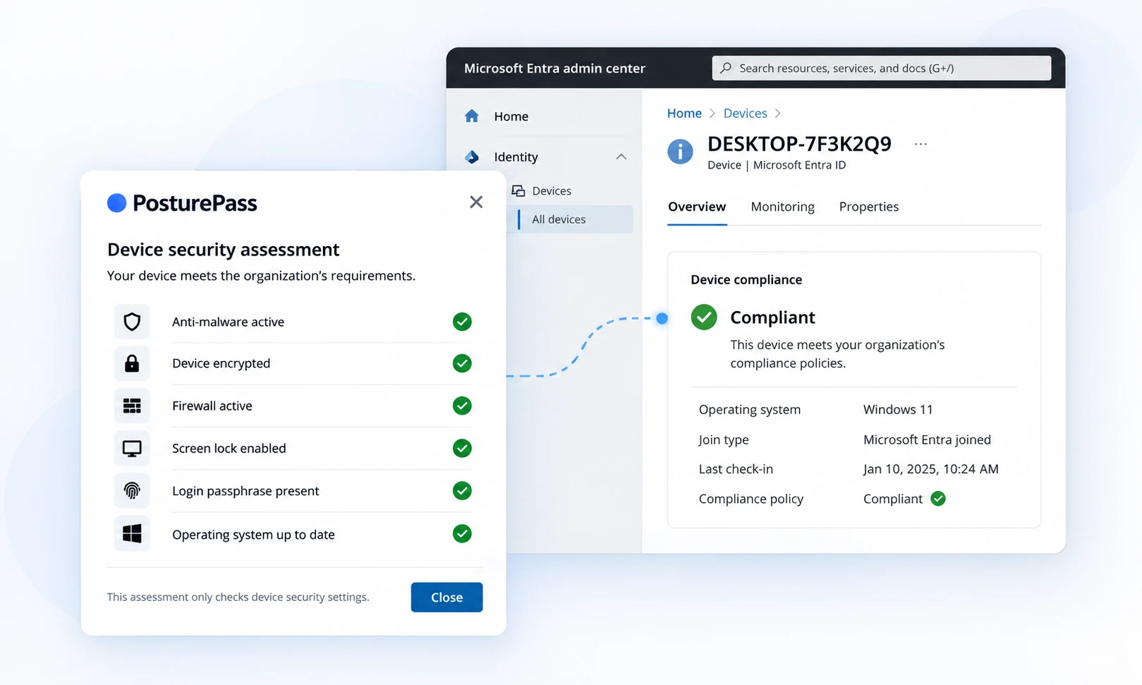 PosturePass device security assessment showing every check passed, next to the matching Compliant device status in the Microsoft Entra admin center