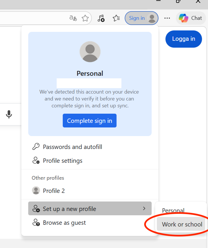 Browser profile menu showing Set up a new profile with Work or school option circled