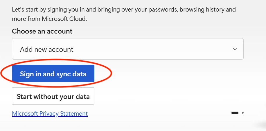 Sign in and sync data button circled in the browser setup dialog