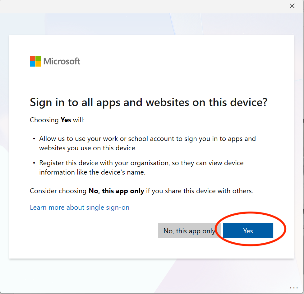 Microsoft dialog asking to sign in to all apps with Yes button circled