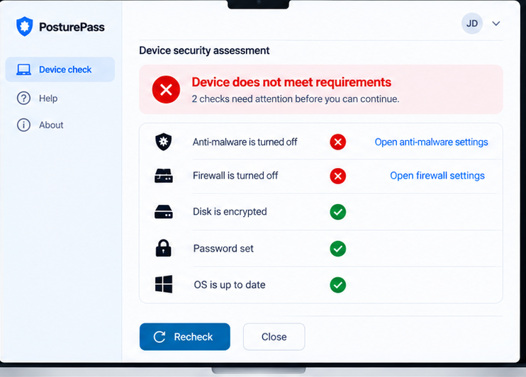 PosturePass window showing Device does not meet requirements. Anti-malware and firewall are turned off, each with a link to open its settings, and a Recheck button.