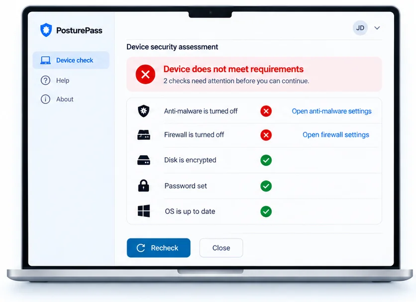 PosturePass window showing Device does not meet requirements. Anti-malware and firewall are turned off, each with a link to open its settings, and a Recheck button.