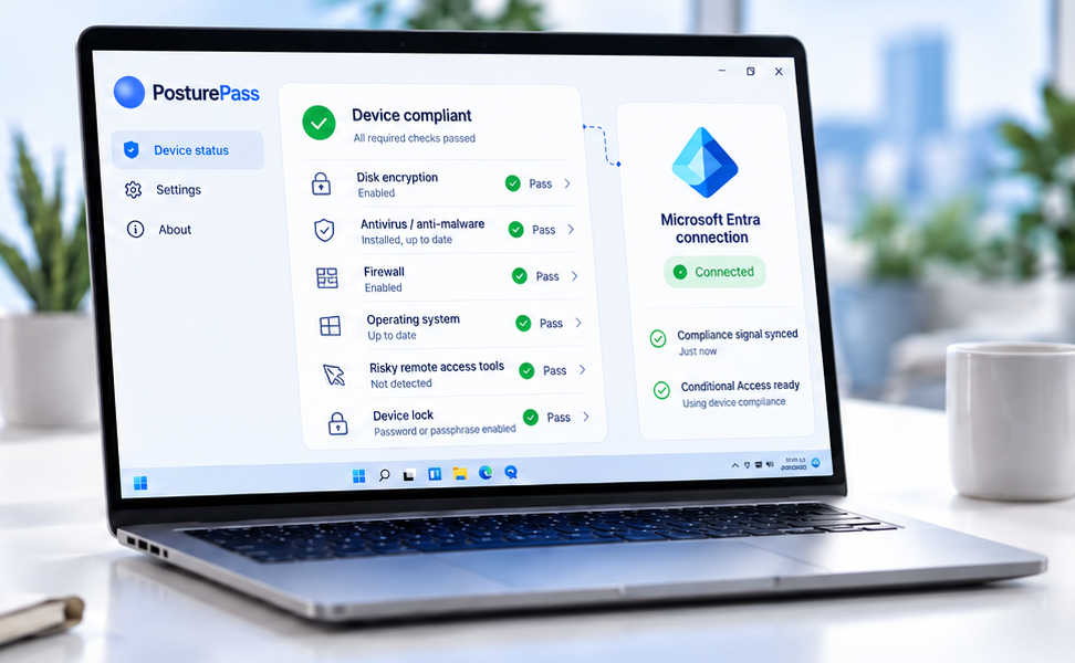 PosturePass app on a laptop showing a compliant contractor device and its Microsoft Entra connection